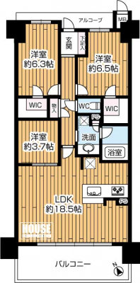 �Ԏ��}�i�̂P�}���V�����j�@3LDK�{2WIC�A���i7099���~�A��L�ʐ�77.50�u�o���R�j�[�ʐ�13.00�u�A�쐼�����o���R�j�[��