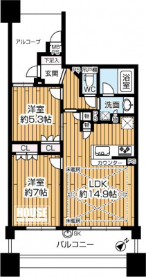 �Ԏ��}�i�̂P�}���V�����j�@2LDK�A���i4780���~�A��L�ʐ�60.38m2�A�o���R�j�[�ʐ�12.07m2 ���t�H�[���ρE�쓌�����E�y�b�g�E24���ԃS�~�o����