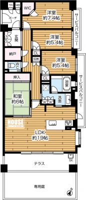 �Ԏ��}�i�̂P�}���V�����j�@ 4LDK�A���i4880���~�A��L�ʐ�102.91�u�o���R�j�[�i��p��j�ʐ�25.0�u�i�e���X�j14.4�u�C�A�쓌�����p�Z�ˁA�쓌�����e���X�A�����T�[�r�X�o���R�j�[�L��