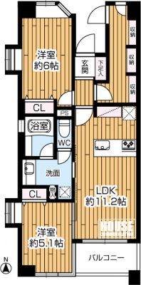 �Ԏ��}�i�̂P�}���V�����j�@��2LDK�E��L�ʐ�56.90�u�E�o���R�j�[�ʐ�5.40�u