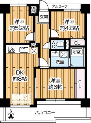 �Ԏ��}�i�̂P�}���V�����j�@ 3DK�A���i1900���~�A��L�ʐ�56.98�u�o���R�j�[�ʐ�13.64�u�A������o���R�j�[��