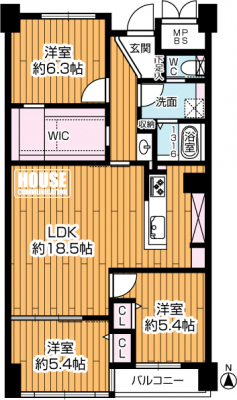 �Ԏ��}�i�̂P�}���V�����j�@�U�K���̂R�K�����E������E ��L�ʐρF84.96�u�̍L�X�R�k�c�j�I