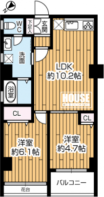 �Ԏ��}�i�̂P�}���V�����j�@2LDK�A��L�ʐ�48.33�u�A�o���R�j�[��L�ʐ�3.24�u