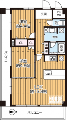 �Ԏ��}�i�̂P�}���V�����j�@��2LDK�A��L�ʐ�52.25�u�A�o���R�j�[�ʐ�17.58�u