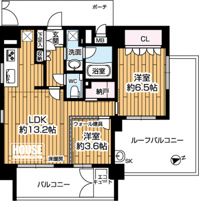 �Ԏ��}�i�̂P�}���V�����j�@��2LDK�A��L�ʐ�54.32�u�A�o���R�j�[�ʐ�8.36�u