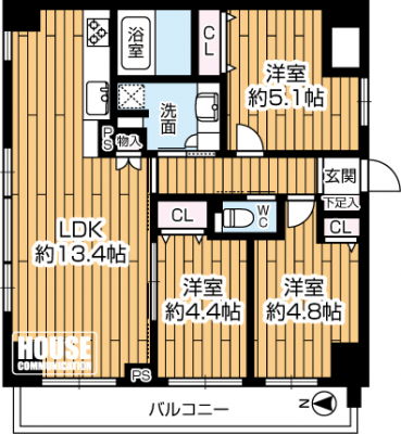 �Ԏ��}�i�̂P�}���V�����j�@��3LDK�A��L�ʐ�66.72�u�A�o���R�j�[�ʐ�11.10�u