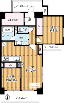 �Ԏ��}�i�̂P�}���V�����j�@��2LDK�A��L�ʐ�58.68�u�A�o���R�j�[�ʐ�6.82�u