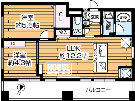 �Ԏ��}�i�̂P�}���V�����j�@��2LDK�A��L�ʐ�46.92m2�A�o���R�j�[�ʐ�11.2m2