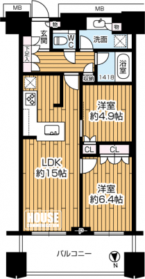 �Ԏ��}�i�̂P�}���V�����j�@��2LDK�A��L�ʐ�62.29��2�A�o���R�j�[�ʐ�11.00m2