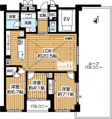 �Ԏ��}�i�̂P�}���V�����j�@��3LDK�A��L�ʐ�78.74m2�A�o���R�j�[�ʐ�3.77m2�A���[�t�o���R�j�[�ʐ�42.60m2