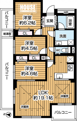 �Ԏ��}�i�̂P�}���V�����j�@��3LDK�A��L�ʐ�76.42m2�A�o���R�j�[�ʐ�18.82m2