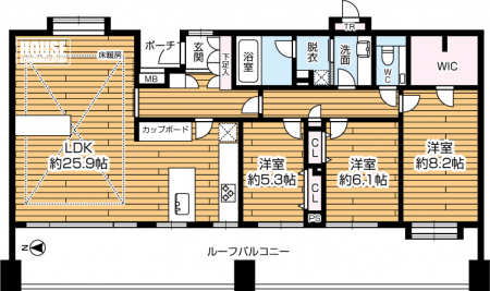 �Ԏ��}�i�̂P�}���V�����j�@��3LDK�A��L�ʐ�106.59m2�A���[�t�o���R�j�[�ʐ�26.24m2