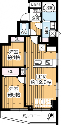 �Ԏ��}�i�̂P�}���V�����j�@��2LDK�A��L�ʐ�48.64m2�A�o���R�j�[�ʐ�5.37m2