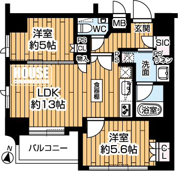 �Ԏ��}�i�̂P�}���V�����j�@��2LDK�A��L�ʐ�55.83m2�A�o���R�j�[�ʐ�4.50m2