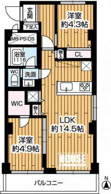 �Ԏ��}�i�̂P�}���V�����j�@��2LDK�A��L�ʐ�51.94m2�A�o���R�j�[�ʐ�4.50m2