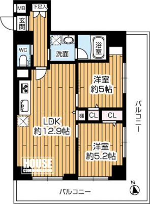 �Ԏ��}�i�̂P�}���V�����j�@��2LDK�A��L�ʐ�52.73m2�A�o���R�j�[�ʐϕs��