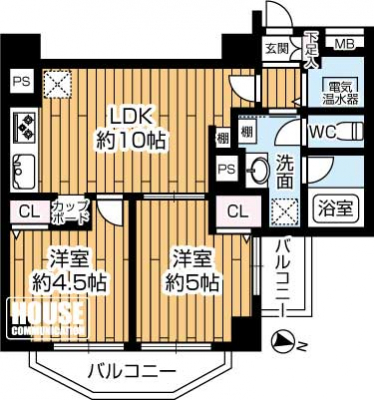 �Ԏ��}�i�̂P�}���V�����j�@��2LDK�A��L�ʐ�45.16m2�A�o���R�j�[�ʐ�6.62m2