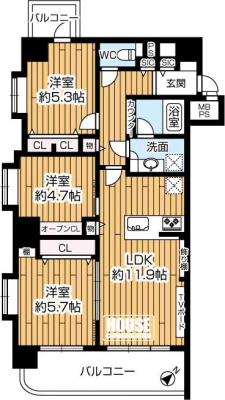 �Ԏ��}�i�̂P�}���V�����j�@��3LDK�E��L�ʐ�65.55�u�E�o���R�j�[�ʐ�11�u