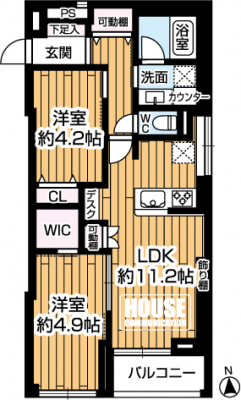 �Ԏ��}�i�̂P�}���V�����j�@��2LDK�A��L�ʐ�52.26�u�A�o���R�j�[�ʐ�3.73�u