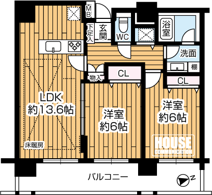 �Ԏ��}�i�̂P�}���V�����j�@��2LDK�E��L�ʐ�59.39�u�E�o���R�j�[�ʐ�12.75�u