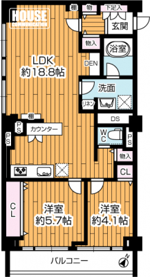 �Ԏ��}�i�̂P�}���V�����j�@��2LDK�E��L�ʐ�61.88�u�E�o���R�j�[�ʐ�6.51�u