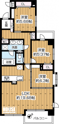 �Ԏ��}�i�̂P�}���V�����j�@��3LDK�A��L�ʐ�79.64�u�A�o���R�j�[�ʐ�5.28�u